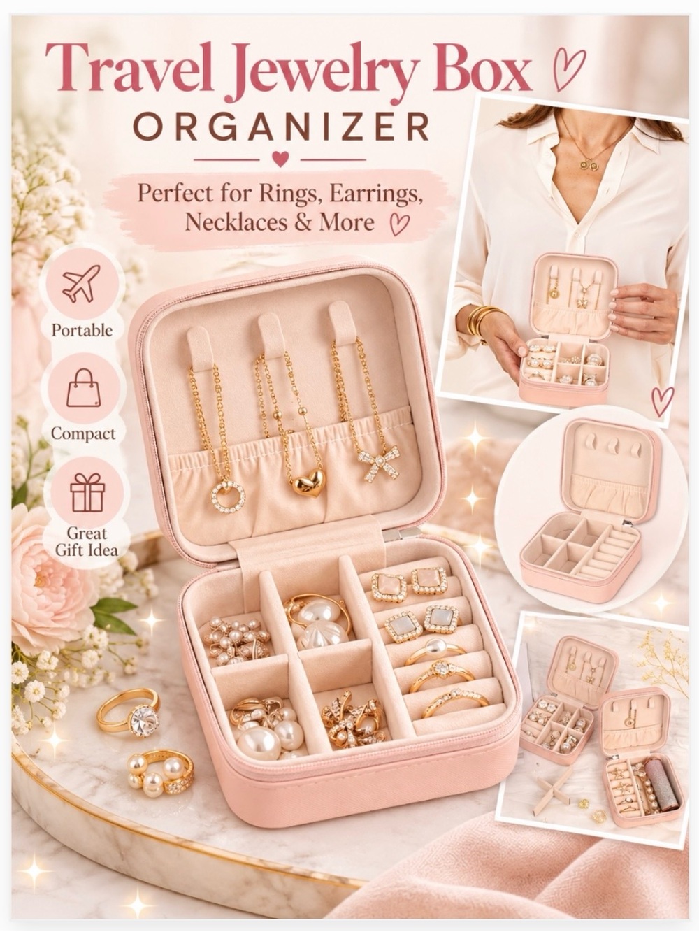 Portable Jewelry Organizer Case/Box in Blush Pink NIP